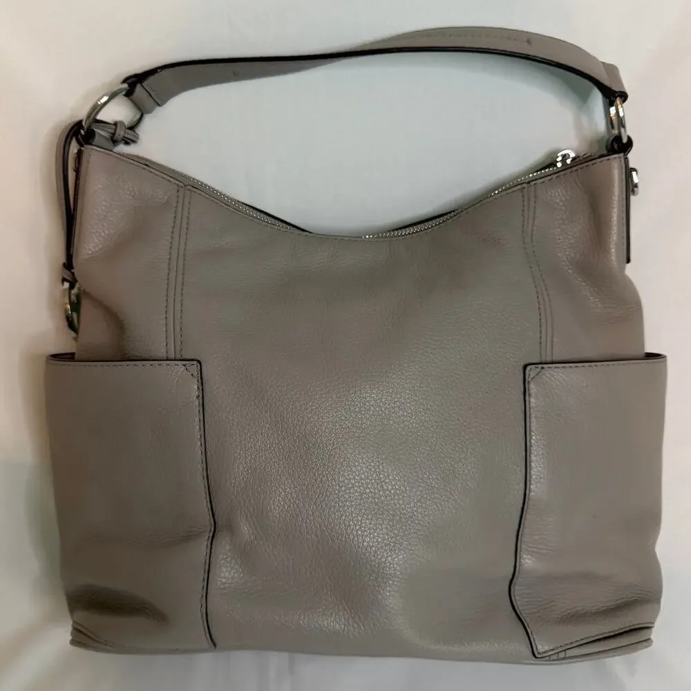 Michael Kors Anita Large Shoulder Bag Pearl Gray Pebbled Leather Hobo